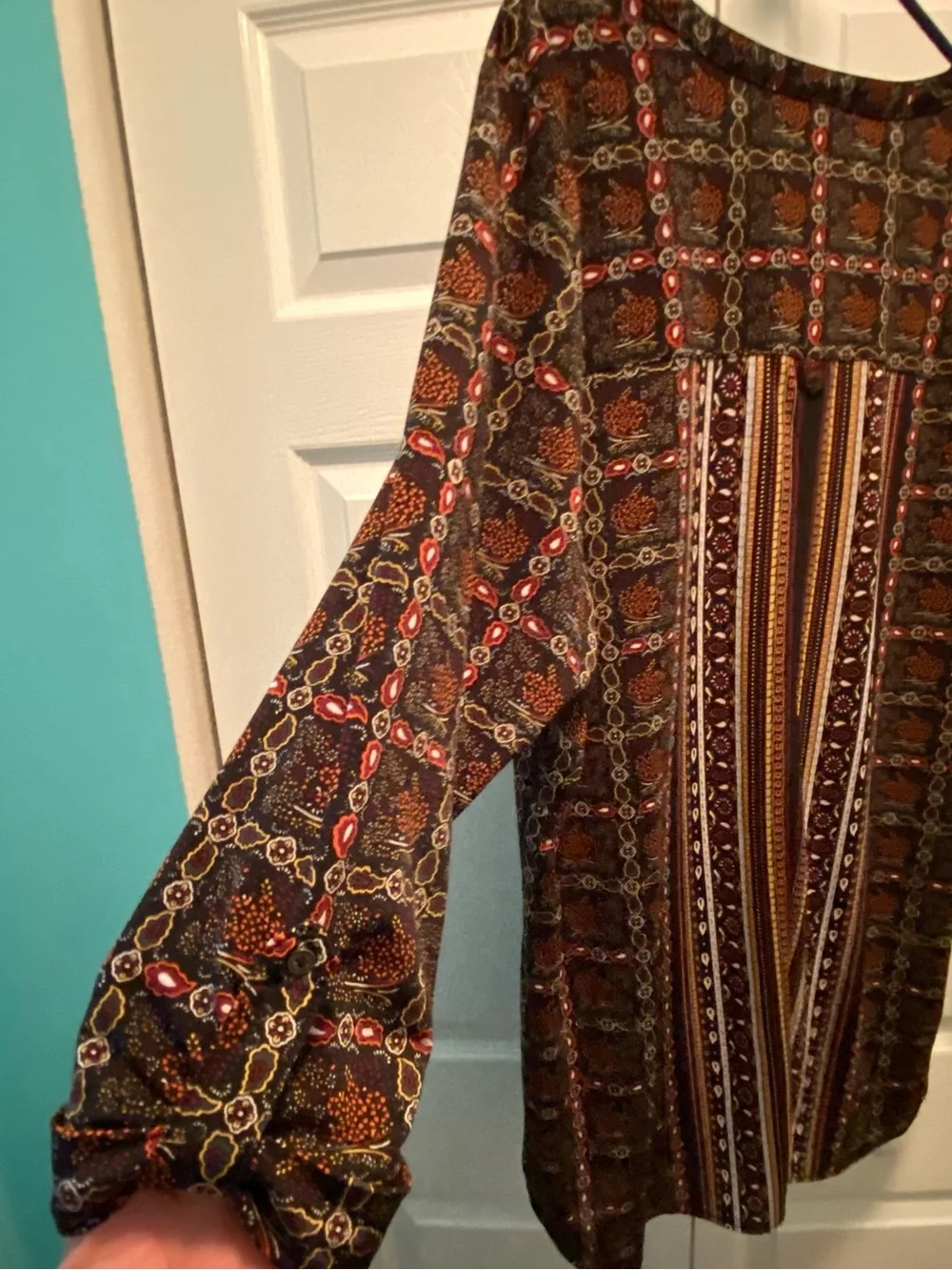 Nygard Autumn/Fall/Earth Tone Colors Mixed Media Geometric Design Blouse 1X
